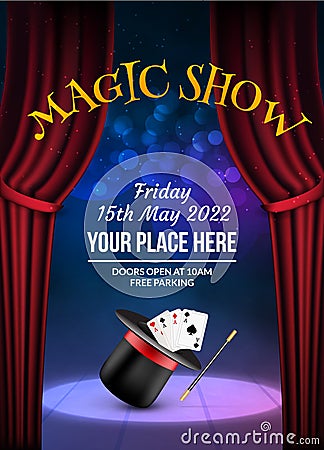 Magic Show poster design template. Illusion magical vector background. Theater magician flyer with hat trick Vector Illustration