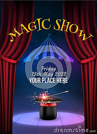 Magic Show poster design template. Illusion magical vector background. Theater magician flyer with hat trick Vector Illustration