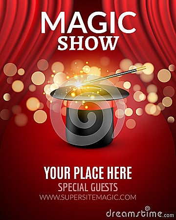 Magic Show poster design template. Magic show flyer design with magic hat and curtains Vector Illustration