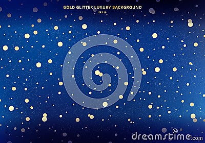 Magic space gold glitter on dark blue sky background with golden sparkling circles. scattered dust Vector Illustration