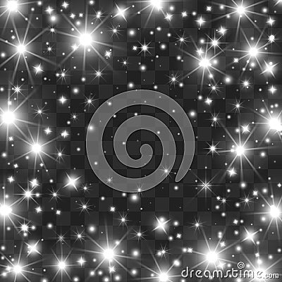 Magic sparkling background with shining twinkling stars. Luminous particles on a transparent layer. Can be used to overlay on your Vector Illustration