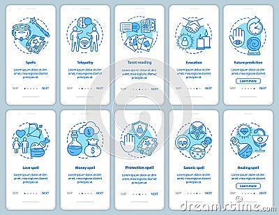 Magic spells onboarding mobile app page screen with linear concepts set. Witchcraft and sorcery walkthrough steps Vector Illustration