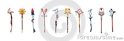 Magic staves. Wizard sticks and wands. Antique scepter weapon with decorative crystals. Magical wooden and metal staff Vector Illustration