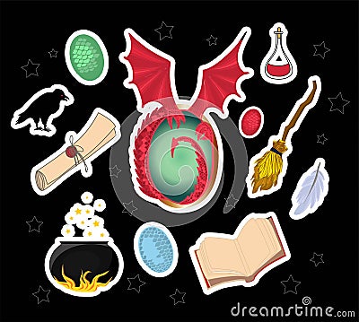 Magic stickers. I love magic. Witchcraft omens. Mystic. Magic wand, talking hat, parchment and dragon. Dragon eggs Vector Illustration