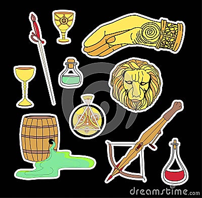 Magic stickers. Wild fire, crossbow, old scroll. The head of a golden lion and the sign of the right hand. Great house symbols Vector Illustration