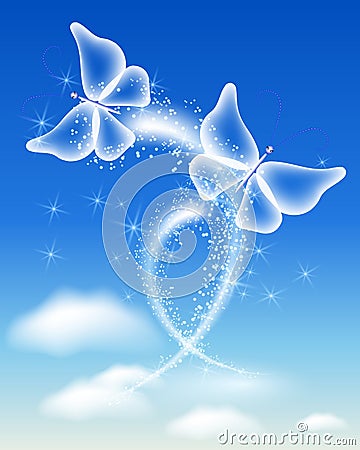 Magic transparent butterflies fly in the sky Vector Illustration