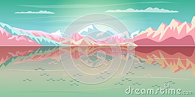 Magic Travel Sunset Sea, Mountain reflection Landscape contemporary art Vector Illustration