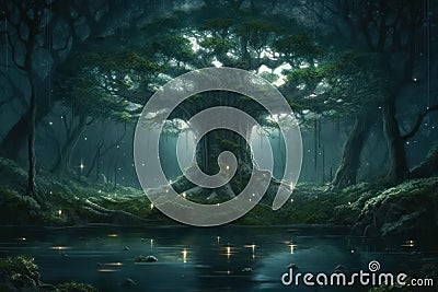 Magic tree in enchanted forest. Generative AI Stock Photo