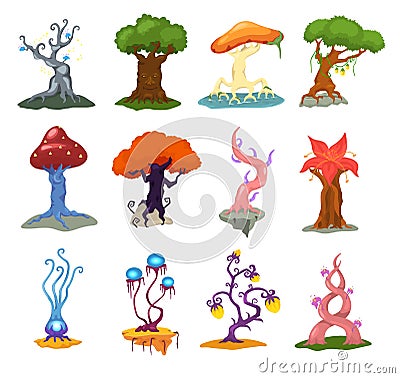 Magic tree vector fantasy forest with cartoon treetops and magical plants or fairy flowers illustration forestry Vector Illustration