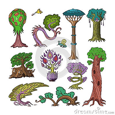 Magic tree vector fantasy forest with cartoon treetops and magical plants or fairy flowers illustration forestry set of Vector Illustration