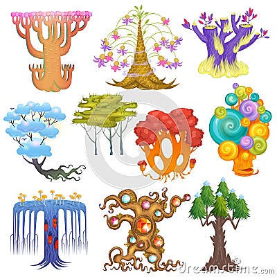 Magic tree vector fantasy forest with cartoon treetops and magical plants or fairy flowers illustration forestry set of Vector Illustration