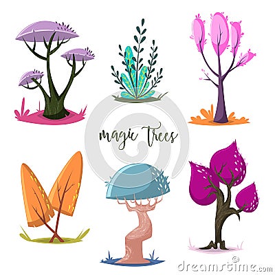 Magic trees set. Isolated elements. Vector Illustration