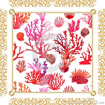 Magic undersea world. Silk scarf with tropical motifs. Vector Illustration