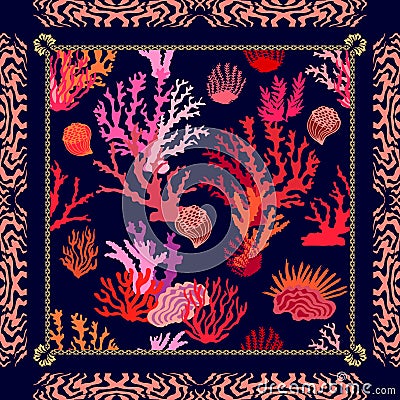 Magic undersea world. Silk scarf with tropical motifs. Vector Illustration
