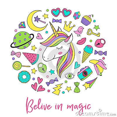 Magic unicorn and collection cute stickers Vector Illustration