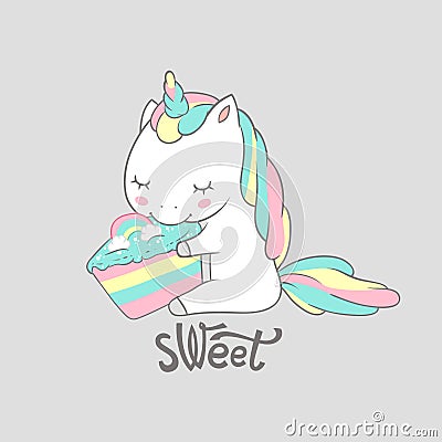 Magic Unicorn Eat Sweet Birthday Cake Poster Print. Cute Greeting Card Template with Adorable Happy Fancy Horse. Can be Vector Illustration