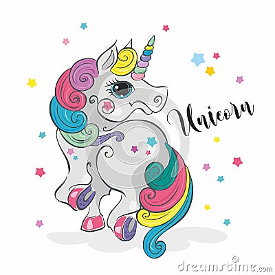 Magic unicorn. Fairy pony. Rainbow mane. Cartoon-style. Vector. Stock Photo