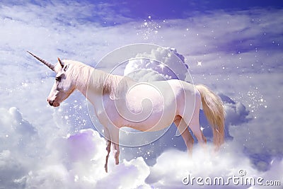 Magic unicorn in fantastic starry sky with fluffy clouds Stock Photo