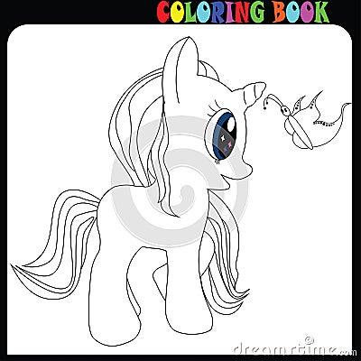 Coloring book young baby unicorn, horse or pony theme with butterfly Vector Illustration