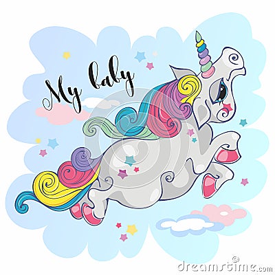 Magic unicorn.My baby. Fairy pony. Rainbow mane. Cartoon-style. Vector. Vector Illustration