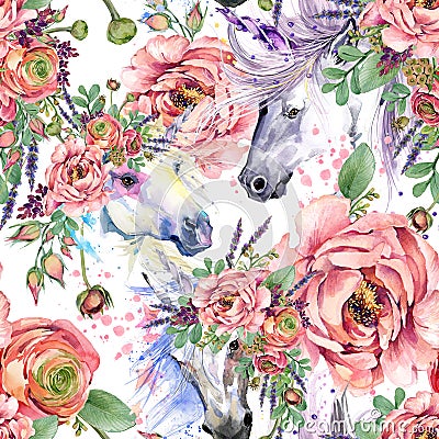 Magic unicorn watercolor pattern. roses flowers seamless background Stock Photo