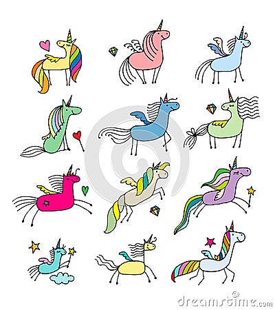 Magic unicorns collection, sketch for your design Vector Illustration