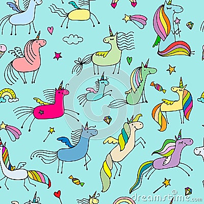 Magic unicorns, seamless pattern for your design Vector Illustration