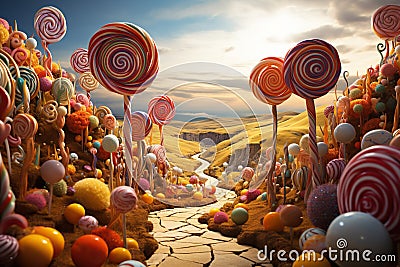 Magic Valley of Lollipops. Generated by artificial intelligence Stock Photo