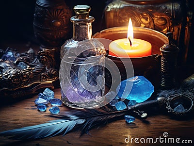 Magic vintage crystal bottle, birds feather, blue crystals, burning candle on a wooden table, cinematic style, close-up, selective Stock Photo