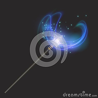 Magic wand on dark background, beautiful light effects with magical sparkle glittering texture Vector Illustration