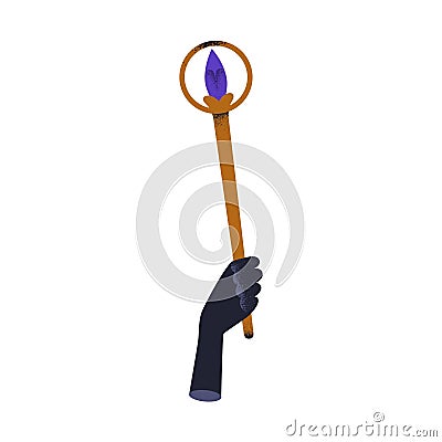 Magic wand, esoteric stick with crystal gem in hand. Secret occult knowledge, power symbol. Sacred mystery energy Vector Illustration