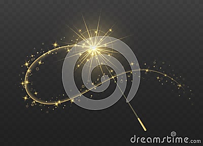 Magic wand with golden swirl and sparkles isolated on transparent background. Vector Illustration