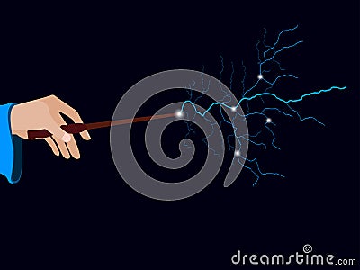 Magic wand. Hand holding a wand on a black background. Lightning spell. Vector Illustration