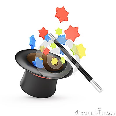 Magic wand and hat with colored stars Cartoon Illustration