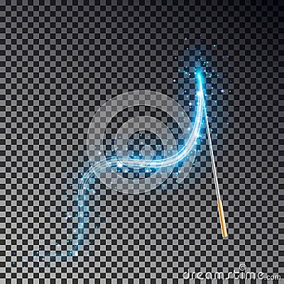 Magic wand vector. Transparent miracle stick with glow blue light tail isolated on dark background. Vector Illustration