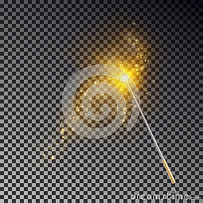 Magic wand vector. Transparent miracle stick with glow yellow light tail isolated on dark background Vector Illustration