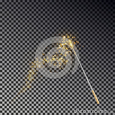 Magic wand vector. Transparent miracle stick with glow yellow light tail isolated on dark background Vector Illustration