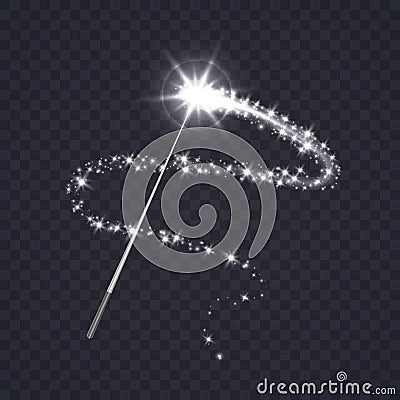 Magic wand with white swirl and sparkles isolated on transparent background. Vector Illustration