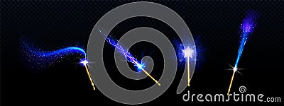 Magic wands with blue star and glow sparkle trails Vector Illustration