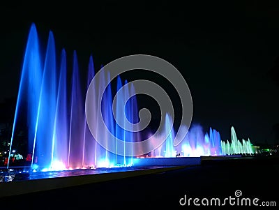 Magic Water Circuit scenic night view of modern waterjet fountains in Lima, Peru Stock Photo