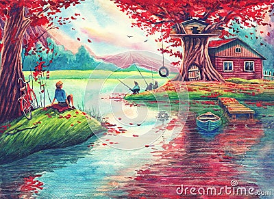 Magic watercolor landscape painting art with pink trees, lake, fishing lodge, fantasy forest, hand drawn nature illustration art Cartoon Illustration