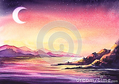 Magic watercolor landscape of river at dusk. Starry colorful sky with young moon above slow flow with colorful ripples between Cartoon Illustration