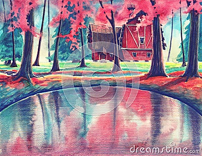 Magic watercolor nature landscape with red house and pond in autumn or summer forest. Hand drawn outdoors garden illustration art Cartoon Illustration