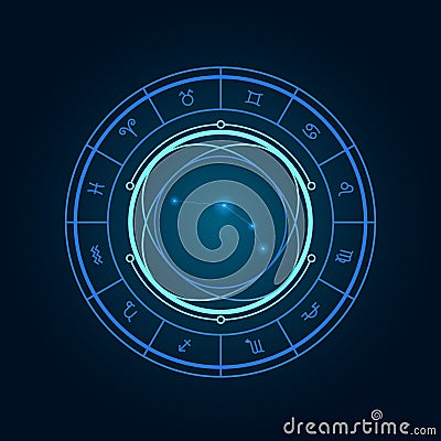 Magic wheel with aries star sign and twelve signs of the zodiac in a dark background, astrology, esotericism. Astrology zodiac Stock Photo