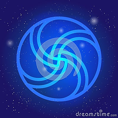 Magic wheel 3d. Sacral geometry symbol in space. Scandinavian cosmic style illustration. Enigmatic celtic design. Vector Illustration