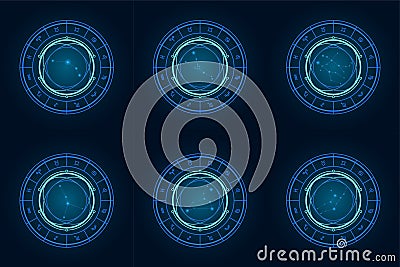 Magic wheel set #1 with twelve star signs of the zodiac in a dark background, astrology, esotericism. Astrology zodiac star signs Stock Photo