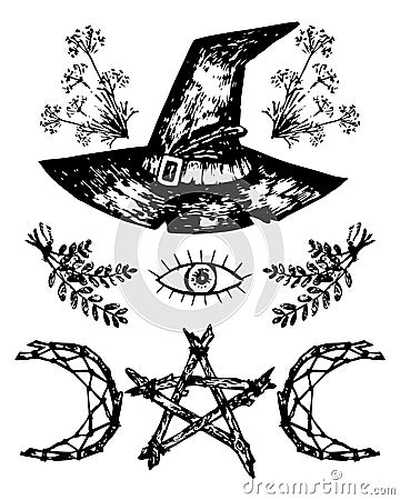magic witch hat, watching eye, pentagram, herbs Vector Illustration
