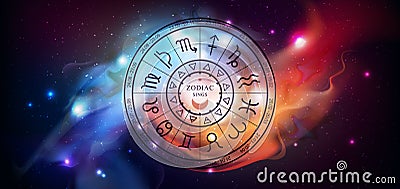 Magic witchcraft Astrology wheel with zodiac signs on open space background. Horoscope vector illustration Vector Illustration