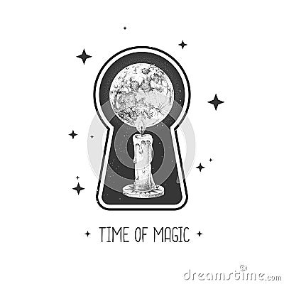 Magic witchcraft keyhole silhouette with burning candle and full moon on outer space background. Vector Illustration