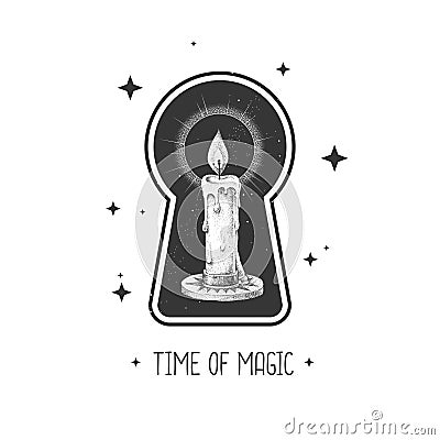 Magic witchcraft keyhole silhouette with burning candle on outer space background. Vector Illustration